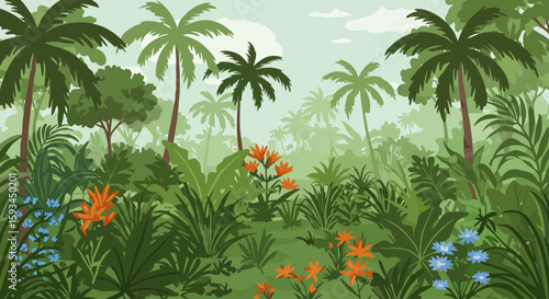 Lush Tropical Jungle Landscape with Palm Trees and Vibrant Flowers for Adventure and Exploration