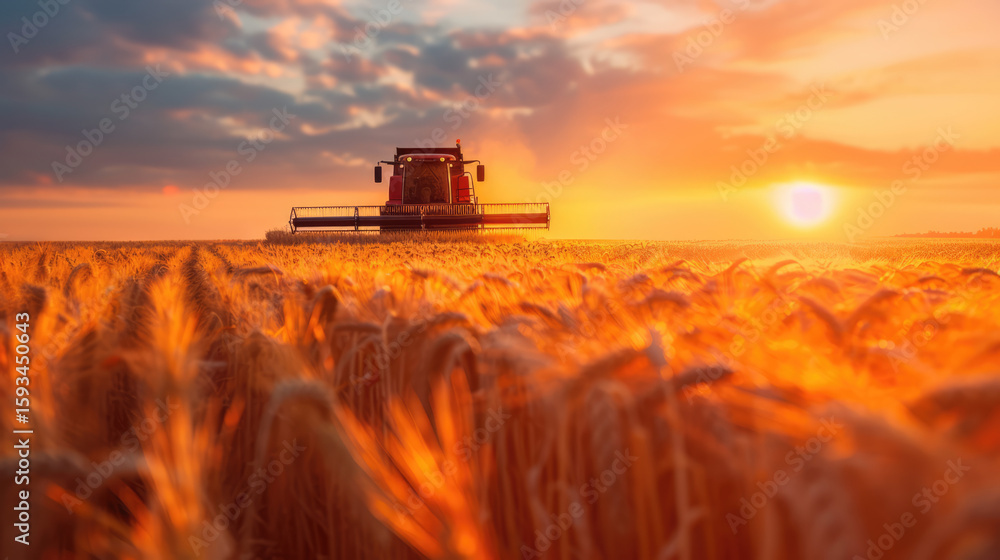 Fototapeta premium Harvesting wheat field at sunset with combine. Golden hour in agriculture, food production.