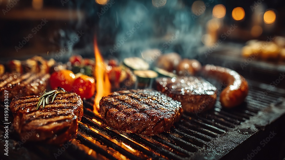 Grilled meats and vegetables on a hot grill Grilled meats and vegetables on a hot grill