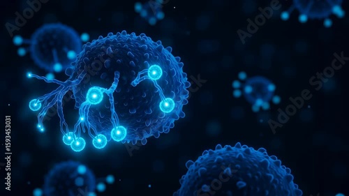 T cell attacking cancer cell with glowing receptors dark background representing immune response and medical research oncology T cell interaction