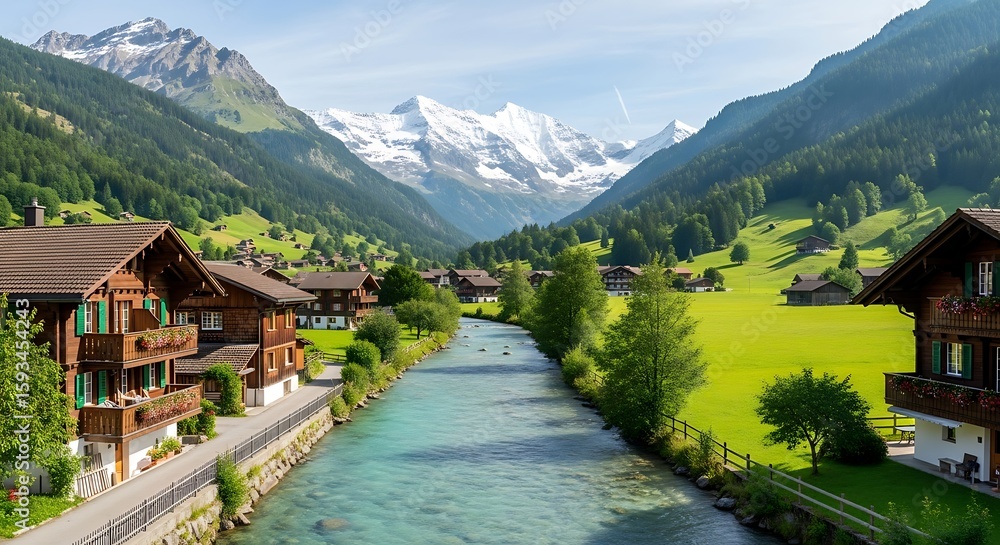 Picturesque Alpine Village: River View and Snow-Capped Peaks Picturesque Alpine Village: River View and Snow-Capped Peaks