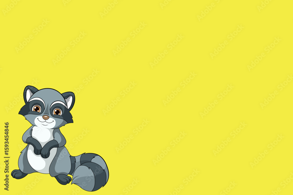 Fototapeta premium Cute Cartoon Raccoon Character on a Bright Yellow Background
