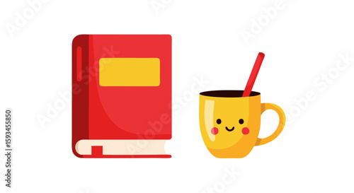A cheerful yellow mug with a red straw sits beside a red hardcover book, suggesting a cozy reading session.