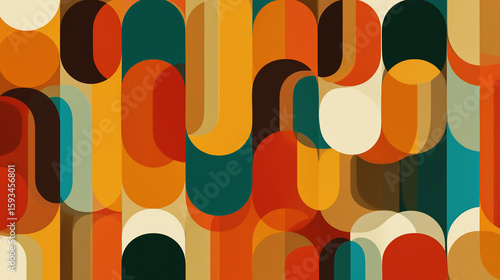 縦に流れるカーブがリズミカルに連なるレトロ調の幾何学模様。動きのあるグラフィック背景に適したビジュアル。
