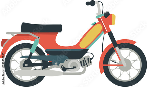 A vibrant illustration of a classic red and black moped, side view.