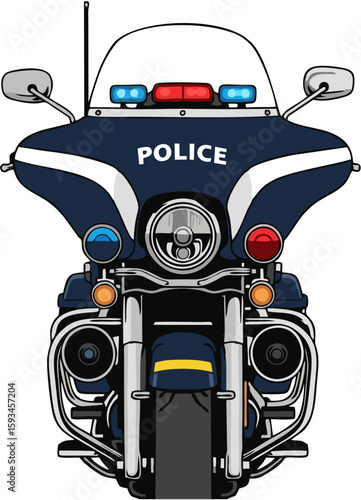 A front view illustration of a detailed police motorcycle with lights and a windshield.