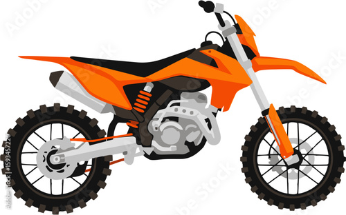 An orange and black dirt bike is shown in a vector illustration with a white background.
