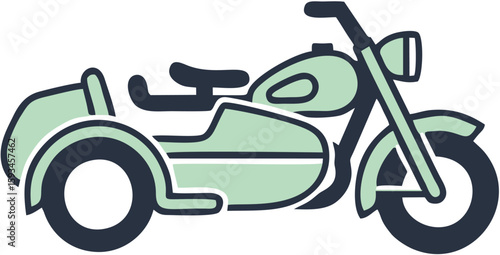 Side view of a vintage, light teal-colored motorcycle with a sidecar.