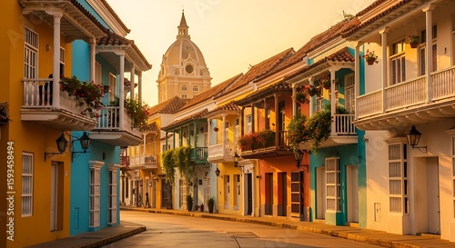 Vibrant Colonial Street Scene in Cartagena Colombia at Sunrise.
