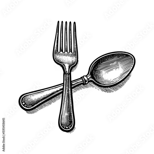 Fork and spoon engraving black and white outline. Scratch board imitation.  illustrated in vintage line art style on a white background.