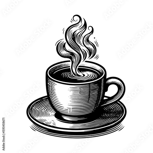 hot coffee cup engraving black and white outline. Scratch board imitation.  illustrated in vintage line art style on a white background.