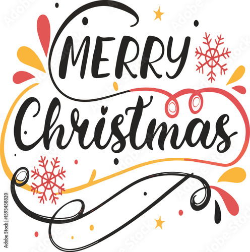 A vector illustration featuring festive Merry Christmas and Happy Birthday lettering text on a vibrant celebration card design with holiday symbols and decorative font art