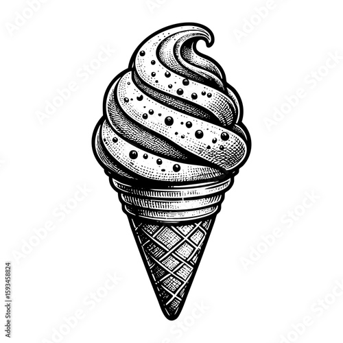 Ice cream cone sketch engraving black and white outline. Scratch board imitation.  illustrated in vintage line art style on a white background.