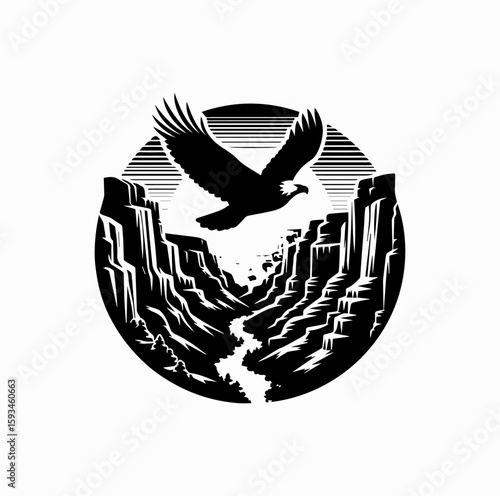 Grand Canyon with Soaring Eagle – Black and White Vector Silhouette