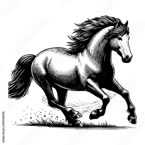 Horse running up engraving black and white outline. Scratch board imitation.  illustrated in vintage line art style on a white background.