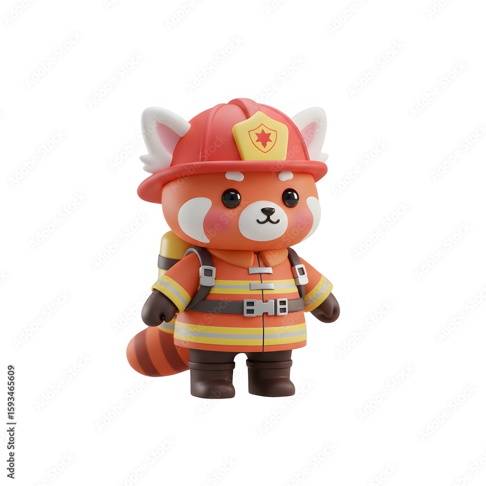 Fototapeta premium Cute Red Panda in Firefighter Uniform – 3D Cartoon Animal Character for Emergency Theme
