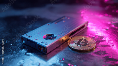 Compact crypto wallet with metallic Bitcoin coin set in ambient light composition