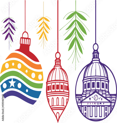 Vector illustration of a bird cage with a Christmas tree, a festive symbol of architectural design and city landmarks