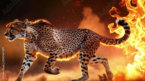 A blazing cheetah in side profile, running at full speed made of fierce fire flames, with dynamic motion blur and glowing amber fire particles trailing behind, capturing raw speed and power