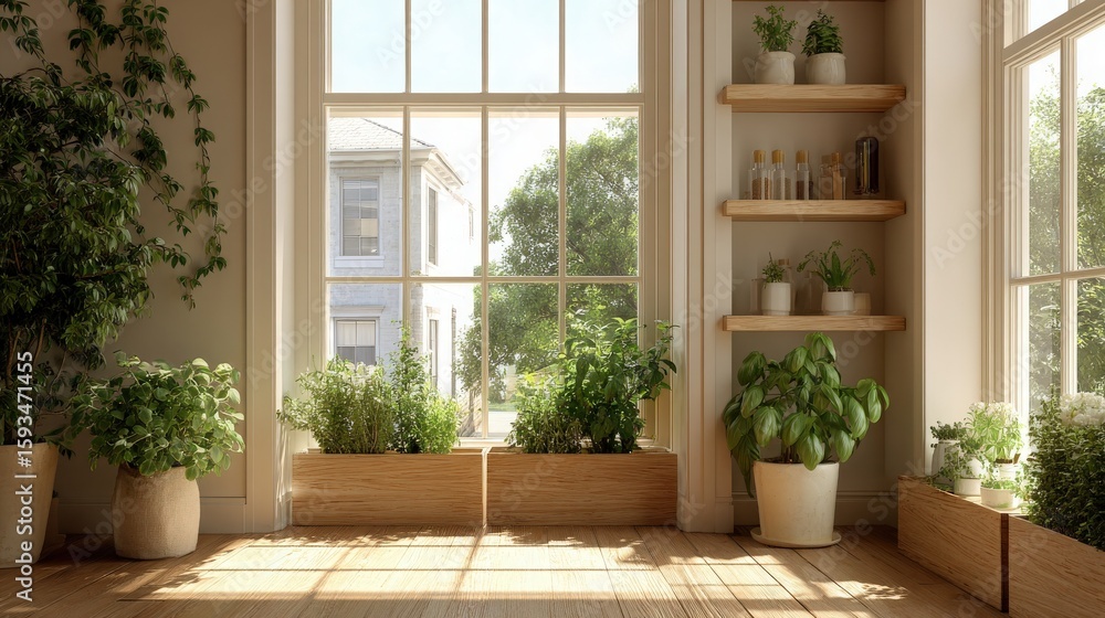 Fototapeta premium Interior with Window, Houseplants, and Shelves