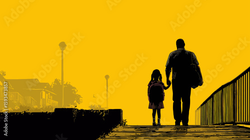 Parent Holding Child's Hand Walking Together – Black Silhouette Illustration

