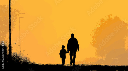 Parent Holding Child's Hand Walking Together – Black Silhouette Illustration

