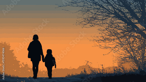 Parent Holding Child's Hand Walking Together – Black Silhouette Illustration

