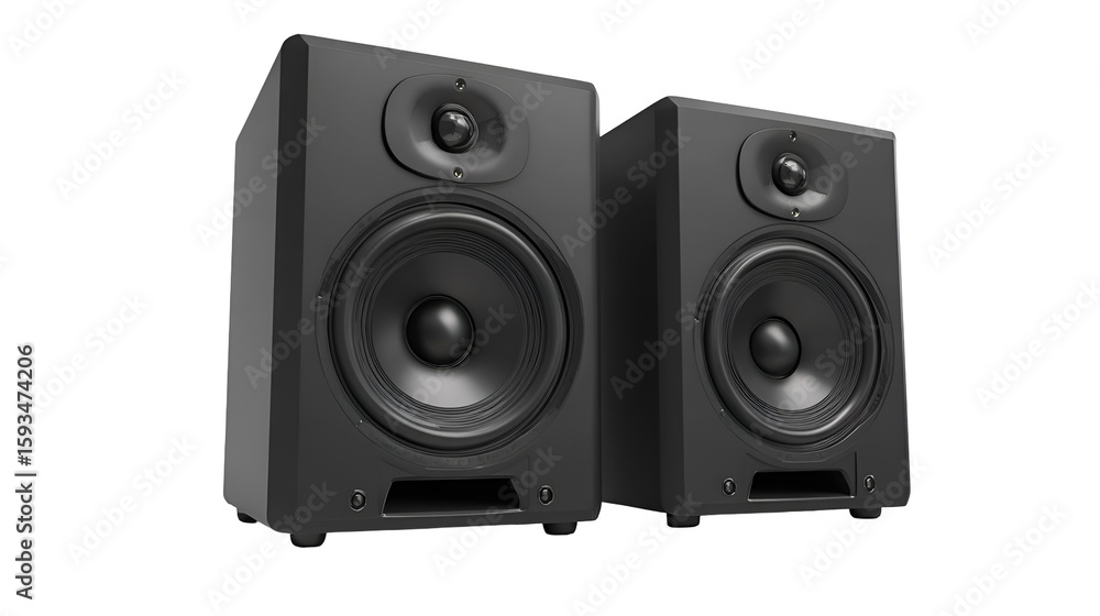 Two black studio monitor speakers audio equipment music production Two black studio monitor speakers audio equipment music production