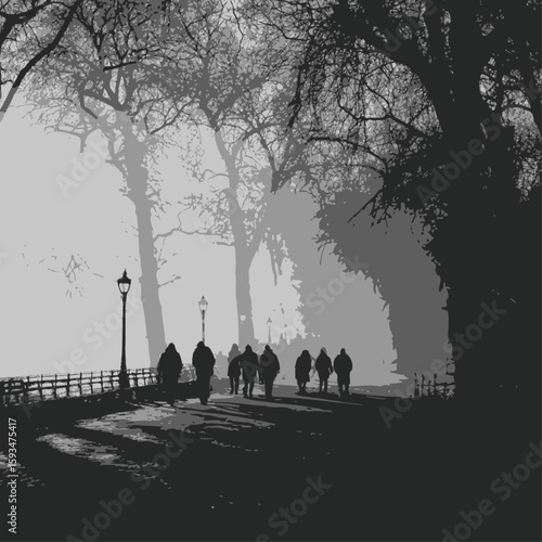 People Wearing Coats and Scarves Walking – Winter Season Silhouette Illustration

