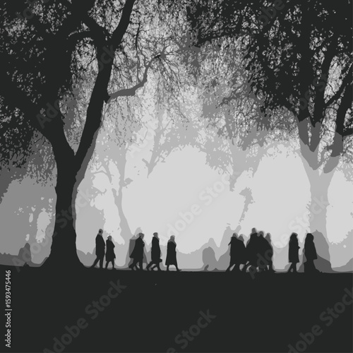 People Wearing Coats and Scarves Walking – Winter Season Silhouette Illustration

