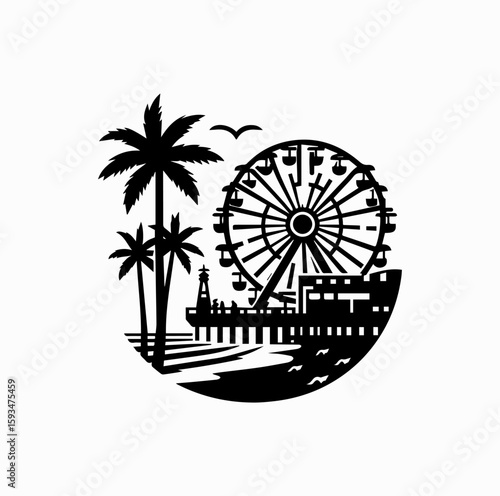 Santa Monica Ferris Wheel and Palm Trees – Black and White Vector Logo