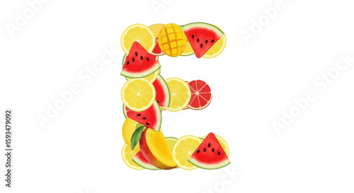 Vector letter e made of fresh fruits, healthy eating concept, watermelon, mango, lemon, citrus fruits design