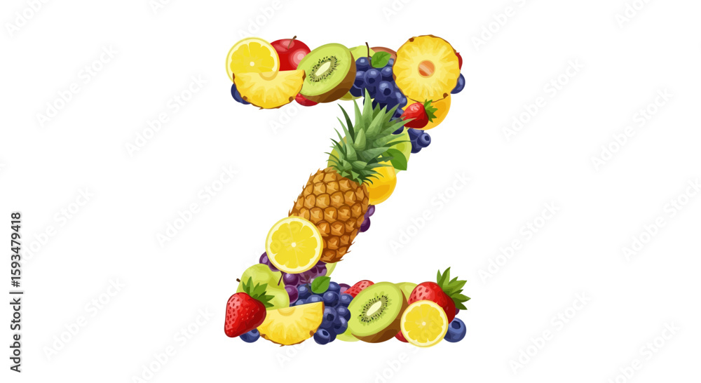 Obraz premium Vector letter z fruit alphabet with pineapple kiwi strawberry lemon grapes apple healthy eating and vitamins diet