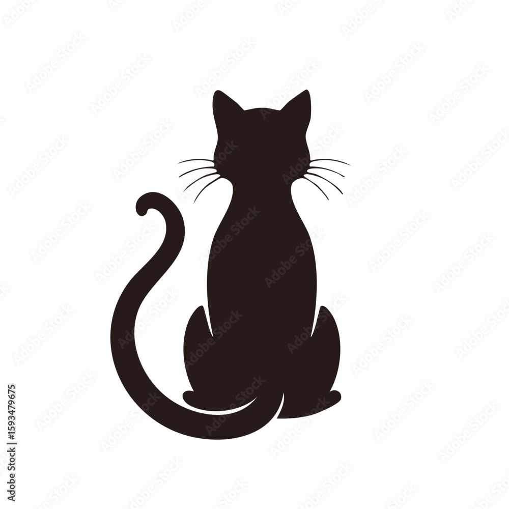 Fototapeta premium Silhouette of a seated cat with a curled tail and alert ears