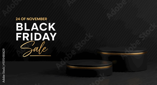 Exclusive Black Friday sale announcement event with stylish stands and Black Friday theme