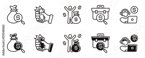 finance income salary icon line set employee work job earning paycheck dollar success achievement signs vector illustration business magnifier search money symbol design