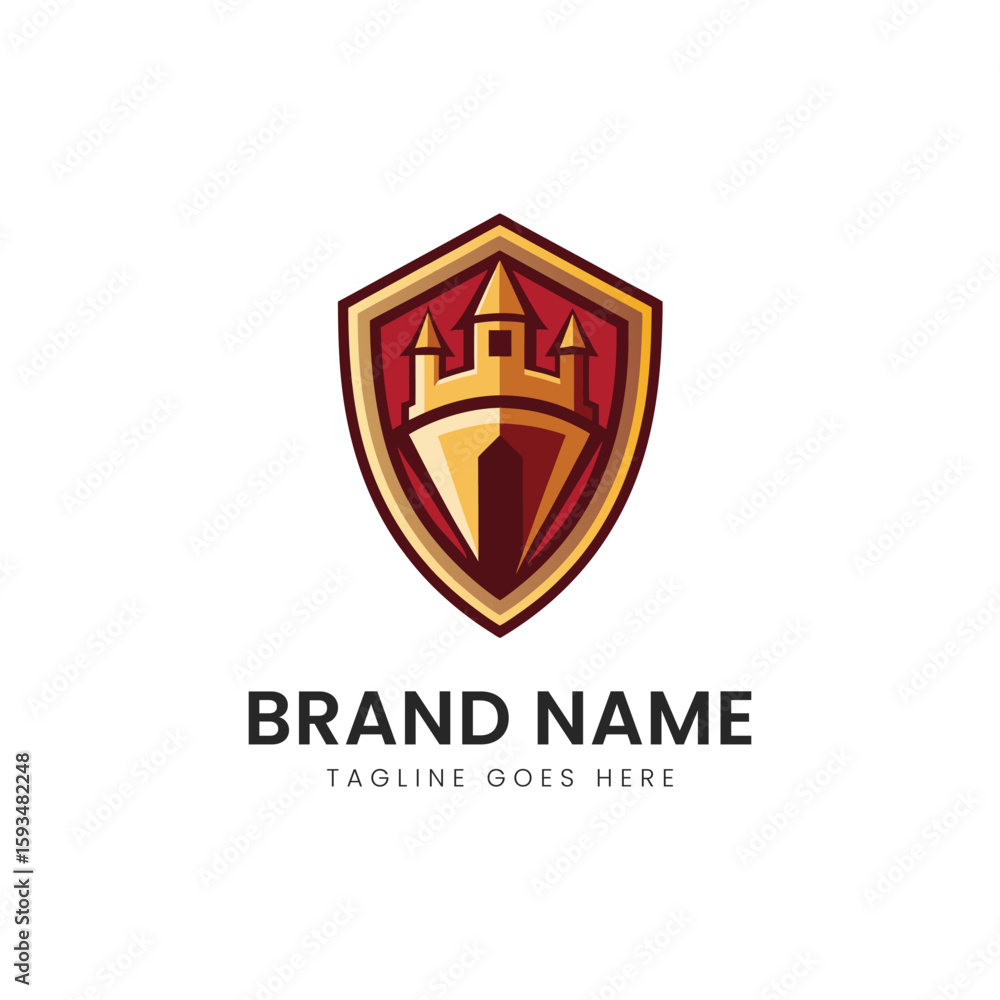 A stylized logo featuring a medieval castle within a shield, showcasing bold red and gold colors, evoking strength and protection. A stylized logo featuring a medieval castle within a shield, showcasing bold red and gold colors, evoking strength and protection.