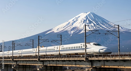 Iconic Shinkansen Bullet Train on Viaduct with Majestic Snow-Capped Mount Fuji.