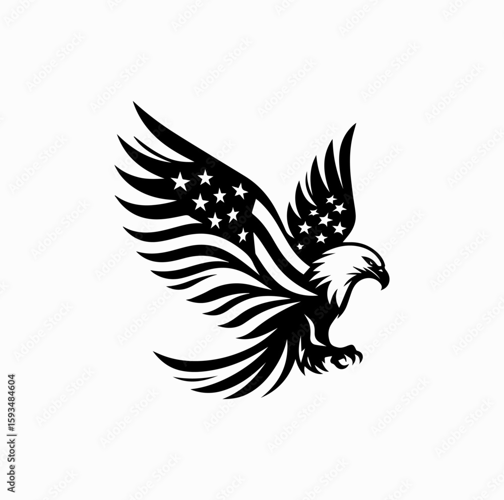 Obraz premium Bald Eagle with American Flag Wings – Patriotic Vector Logo in Black and White