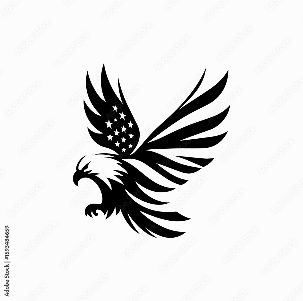 Fototapeta premium Bald Eagle with American Flag Wings – Patriotic Vector Logo in Black and White