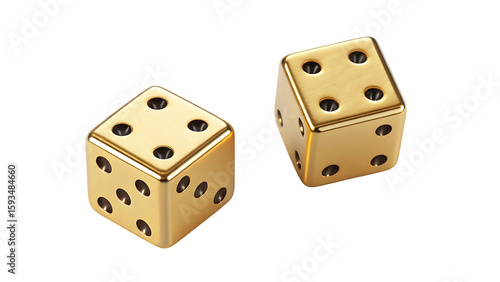 Golden Metallic Flying Dice Cutout Isolated on Transparent Background for Casino and Gambling Design

