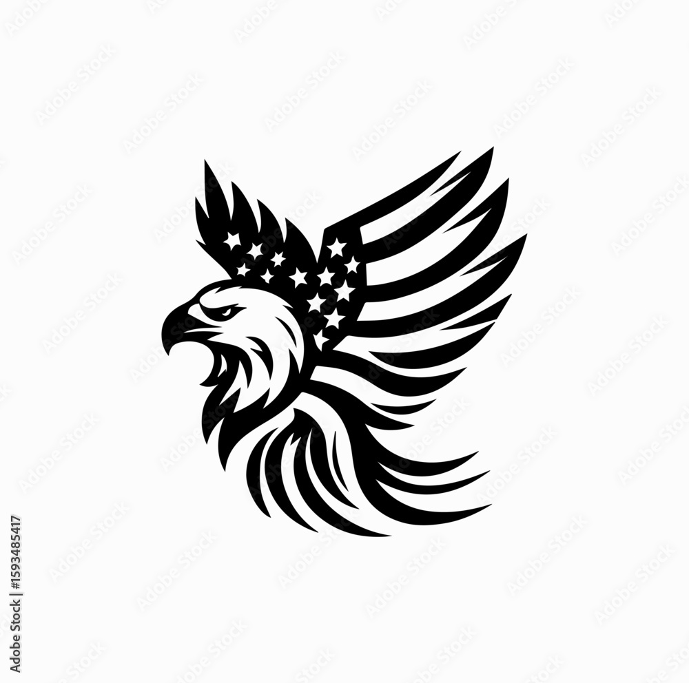 Obraz premium Bald Eagle with American Flag Wings – Patriotic Vector Logo in Black and White