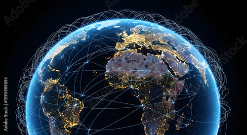 Digital global network connections orbiting a glowing Earth at night, symbolizing internet, communication, and data exchange across continents.