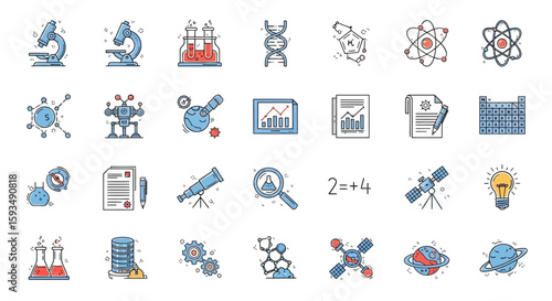 Assorted science and technology icons arranged on a white background