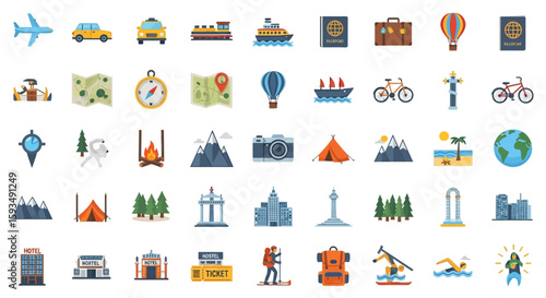 Collection of travel and tourism icons representing various activities