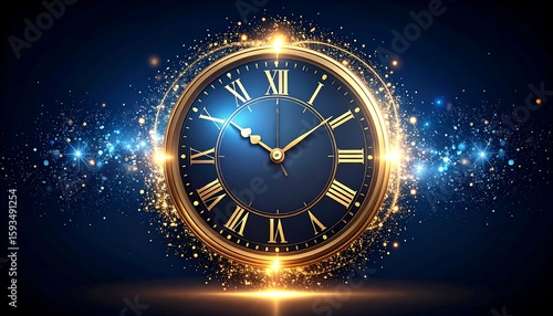Golden clock face, glowing with a dynamic effect,  a night-blue background