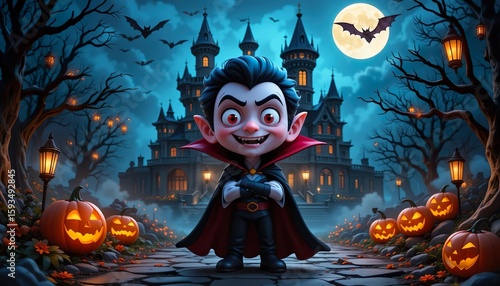 Cute cartoon vampire boy in Halloween costume standing in front of a spooky castle with pumpkins and full moon.