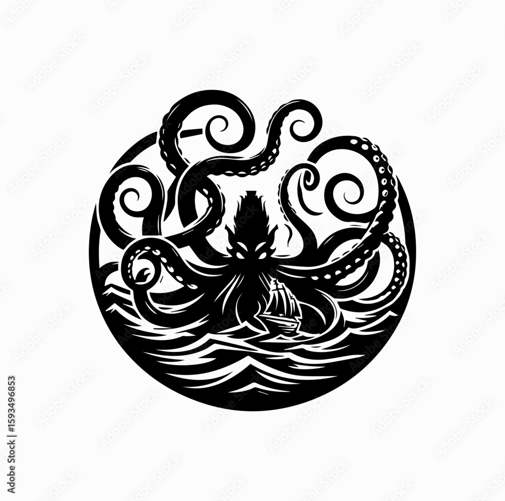 Fototapeta premium Vector Silhouette Logo of Kraken – Giant Sea Monster from Norse Mythology