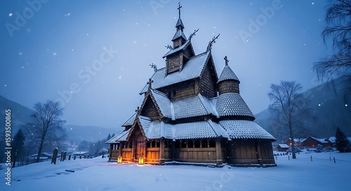 Wallpaper Mural Snowy Winter Night: Ancient Wooden Church Lit by Lanterns Norway. Torontodigital.ca