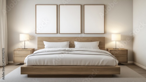 Modern bedroom interior with three framed prints